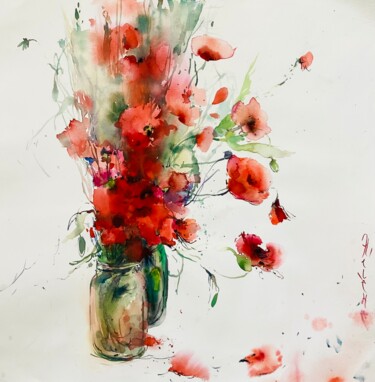 Painting titled "Poppies" by Helene Manoli, Original Artwork, Watercolor