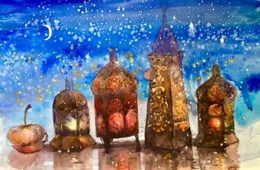 Peinture intitulée "Arab lanterns" par Helene Manoli, Œuvre d'art originale, Aquarelle