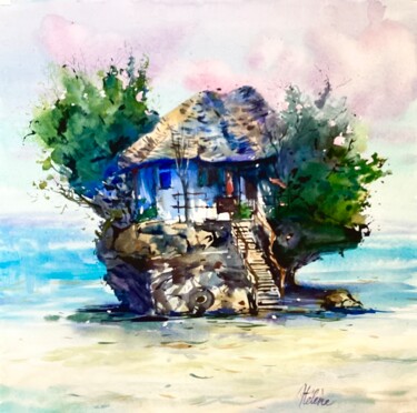 Painting titled "the little island" by Helene Manoli, Original Artwork, Watercolor