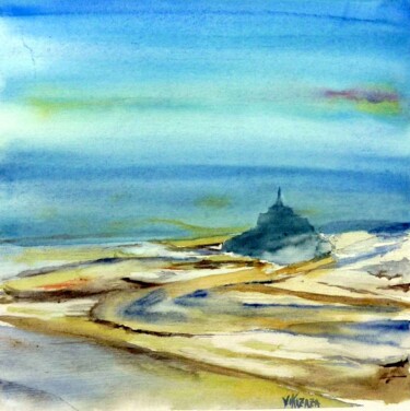 Painting titled "le Mont St Michel" by Helene Miaz, Original Artwork, Watercolor