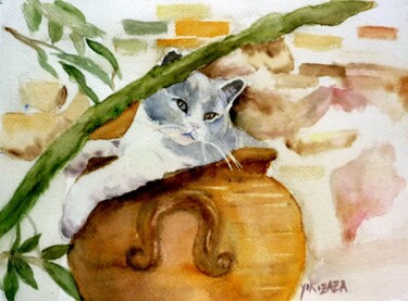 Peinture intitulée "le chat dans la pot…" par Helene Miaz, Œuvre d'art originale, Aquarelle