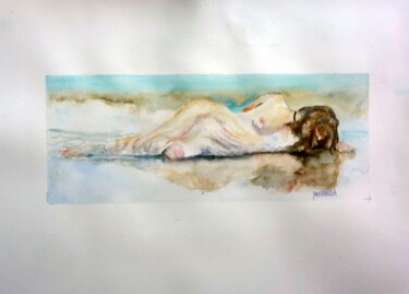 Peinture intitulée "la femme sur la pla…" par Helene Miaz, Œuvre d'art originale, Aquarelle