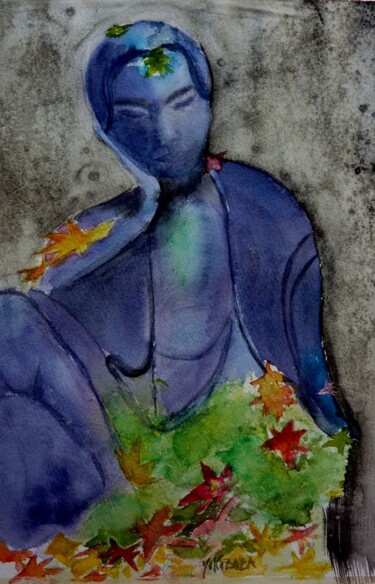 Painting titled "le bouddha bleu" by Helene Miaz, Original Artwork, Watercolor