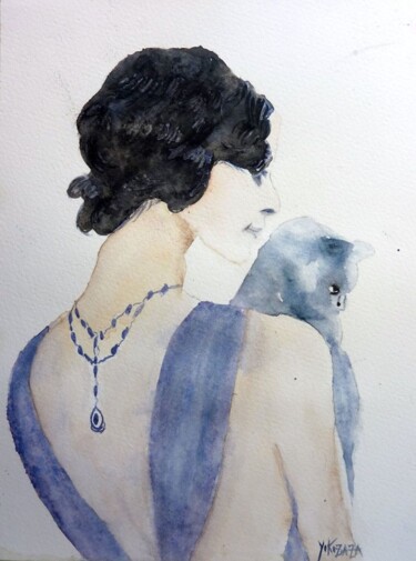Peinture intitulée "madame-et-son-chat." par Helene Miaz, Œuvre d'art originale, Aquarelle