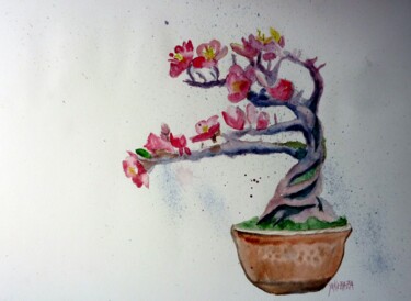Peinture intitulée "le bonsai fleuri" par Helene Miaz, Œuvre d'art originale, Aquarelle