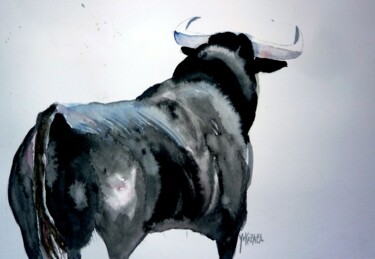 Painting titled "le taureau magnifiq…" by Helene Miaz, Original Artwork, Watercolor