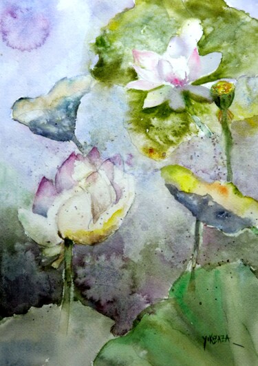 Peinture intitulée "les lotus" par Helene Miaz, Œuvre d'art originale, Aquarelle