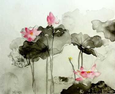 Painting titled "les lotus" by Helene Miaz, Original Artwork, Ink