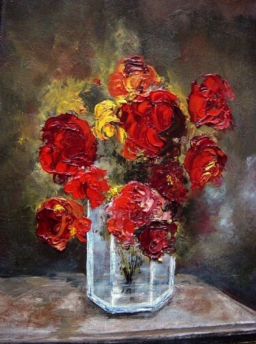 Painting titled "roses rouges" by Hélène Molina, Original Artwork, Oil