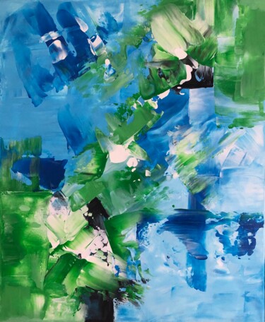Painting titled "Effets bleu vert" by Hélène Molina, Original Artwork, Acrylic Mounted on Wood Stretcher frame