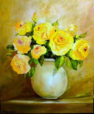 Картина под названием "roses jaunes" - Hélène Molina, Подлинное произведение искусства, Масло