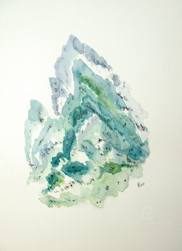Painting titled "Blue in Green 13" by Hélène Mongin, Original Artwork, Ink