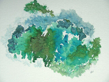 Painting titled "Blue in Green Taïga…" by Hélène Mongin, Original Artwork, Ink Mounted on Glass