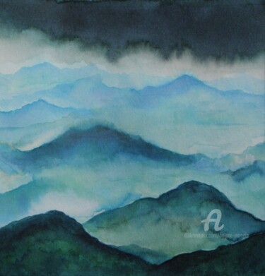 Painting titled "Paysage de montagne…" by Hélène Mongin, Original Artwork, Ink