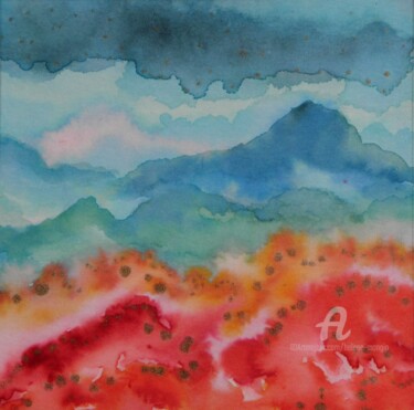 Painting titled "Paysage de montagne…" by Hélène Mongin, Original Artwork, Ink Mounted on Cardboard