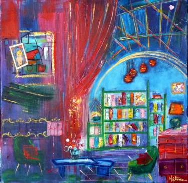 Peinture intitulée "La bibliotheque de…" par Helene Rousselot, Œuvre d'art originale, Acrylique