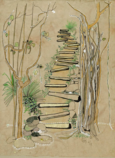 「Le chemin de ku rin…」というタイトルの絵画 Hélène Stevensによって, オリジナルのアートワーク, インク 段ボールにマウント