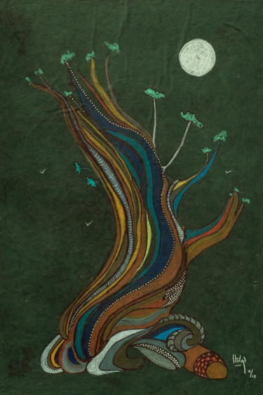 Painting titled "arbre-tordu" by Hélène Stevens, Original Artwork, Ink Mounted on Cardboard