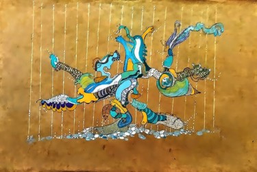 Schilderij getiteld "Bestiaire-aquatique." door Hélène Stevens, Origineel Kunstwerk, Was Gemonteerd op Karton