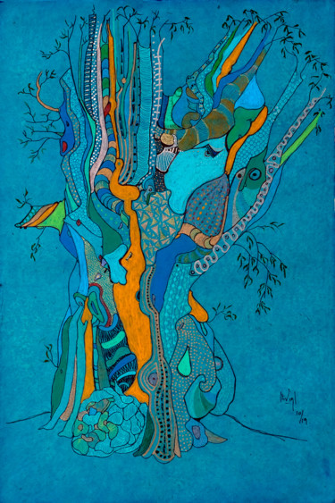Malerei mit dem Titel "olivier de la paix…" von Hélène Stevens, Original-Kunstwerk, Tinte Auf Karton montiert