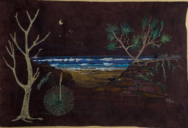 Painting titled "le Pacific" by Hélène Stevens, Original Artwork, Ink Mounted on Cardboard