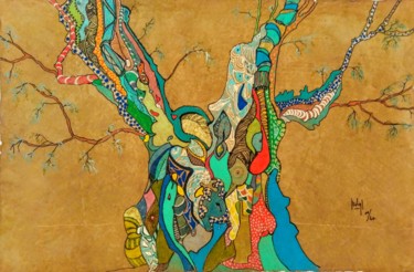Malerei mit dem Titel "L'arbre de la Paix…" von Hélène Stevens, Original-Kunstwerk, Tinte Auf Karton montiert