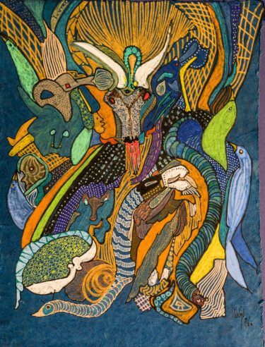 Malerei mit dem Titel "dragon bleu" von Hélène Stevens, Original-Kunstwerk, Tinte Auf Karton montiert