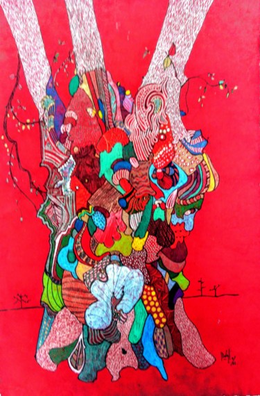 Schilderij getiteld "Arbre des Clowns" door Hélène Stevens, Origineel Kunstwerk, Inkt Gemonteerd op Karton