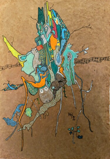 Pittura intitolato "L'araignée" da Hélène Stevens, Opera d'arte originale, Matite colorate Montato su Cartone