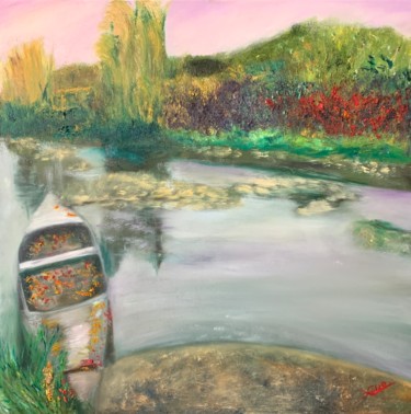 Painting titled "La barque de Giverny" by Helen Ungar, Original Artwork, Oil