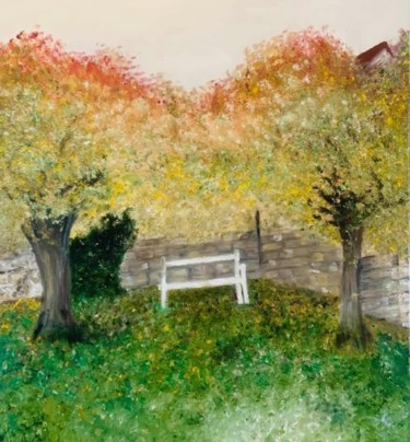 Peinture intitulée "Le banc de Giverny" par Helen Ungar, Œuvre d'art originale, Huile