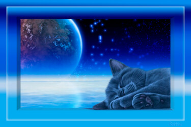 Digital Arts titled "Cat in the moon" by Rainbow, Original Artwork, Photo Montage