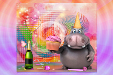 Digital Arts titled "Hippo 🦛  Birth   🍾" by Rainbow, Original Artwork, Photo Montage