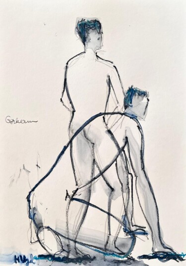 Disegno intitolato "Gorkem double puiss…" da Helene Vogel, Opera d'arte originale, Carbone