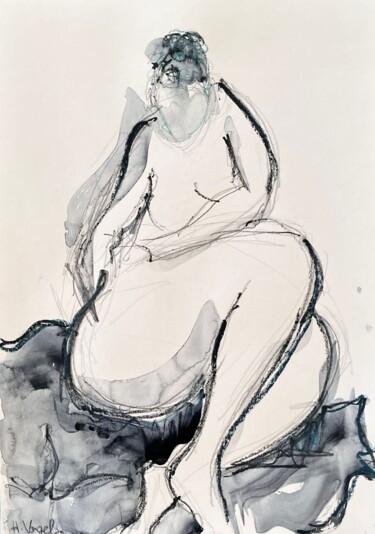Disegno intitolato "Clarinha assise enr…" da Helene Vogel, Opera d'arte originale, Carbone