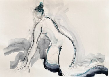 Drawing titled "Marilou assise main…" by Helene Vogel, Original Artwork, Charcoal