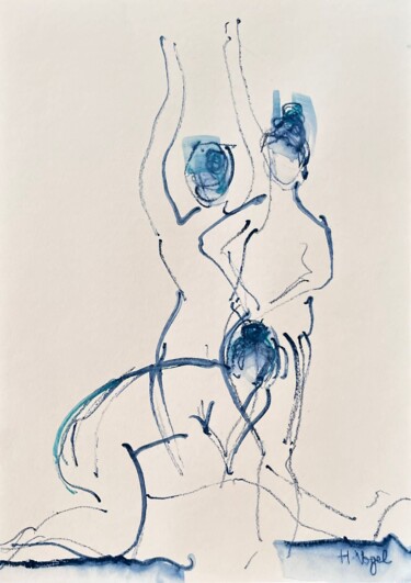 Σχέδιο με τίτλο "Marilou dans 3 posi…" από Helene Vogel, Αυθεντικά έργα τέχνης, Κάρβουνο