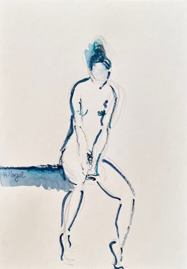 Disegno intitolato "Marilou assise de f…" da Helene Vogel, Opera d'arte originale, Carbone