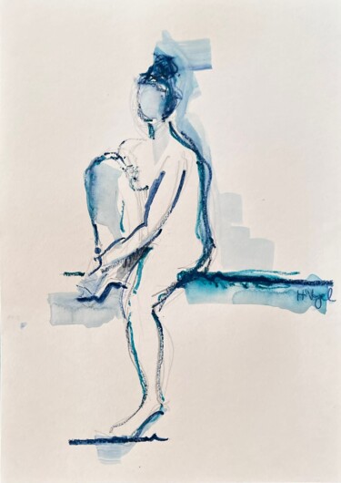 Рисунок под названием "Marilou assise jamb…" - Helene Vogel, Подлинное произведение искусства, Древесный уголь