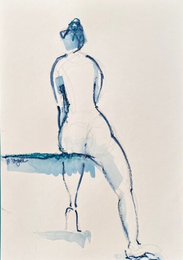 Disegno intitolato "Marilou assise de d…" da Helene Vogel, Opera d'arte originale, Carbone