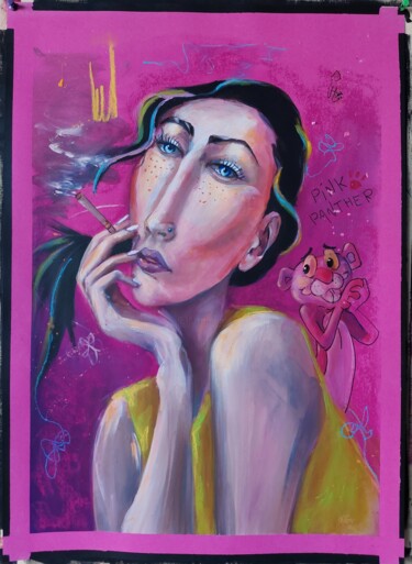 Painting titled "Pink Panther" by Hélène Zanet, Original Artwork, Acrylic