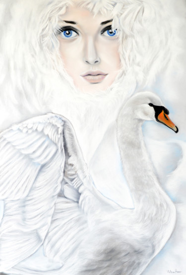 Dessin intitulée "Le lac des cygnes" par Hélène Roux, Œuvre d'art originale, Pastel
