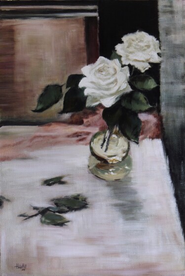Картина под названием "White roses in a gl…" - Helen Hill, Подлинное произведение искусства, Масло