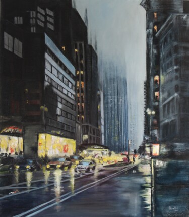 Painting titled "Rainy city" by Helen Hill, Original Artwork, Oil