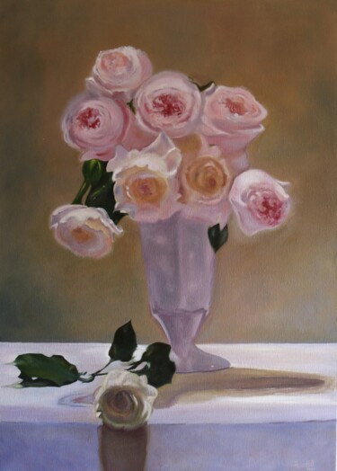 Peinture intitulée "Roses in a glass" par Helen Hill, Œuvre d'art originale, Huile