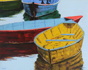 Painting titled "Boats on the lake" by Helen Hill, Original Artwork, Oil