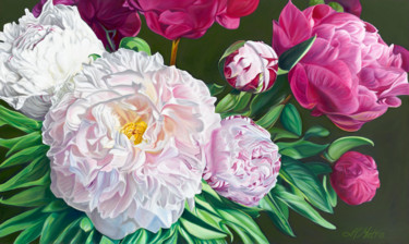 Pintura intitulada "Peony Bouquet" por Helen Mitra, Obras de arte originais, Óleo