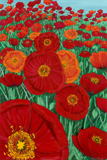 Painting titled "My Field of Poppies" by Helen Mitra, Original Artwork, Acrylic