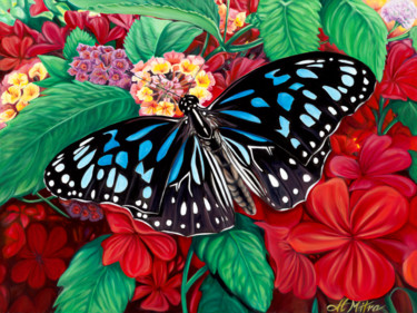 Painting titled "The Blue Butterfly" by Helen Mitra, Original Artwork, Oil