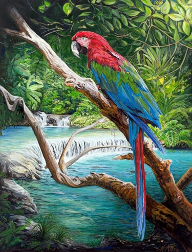 Painting titled "The Scarlet Macaw" by Helen Mitra, Original Artwork, Acrylic
